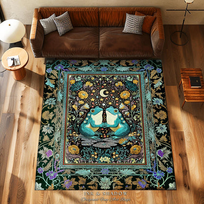 Frog and Toad Celestial Area Rug | Dark Cottagecore Whimsigoth Aesthetic Goblincore Bedroom Mystic Theme Enchanted Forest Botanical Folklore