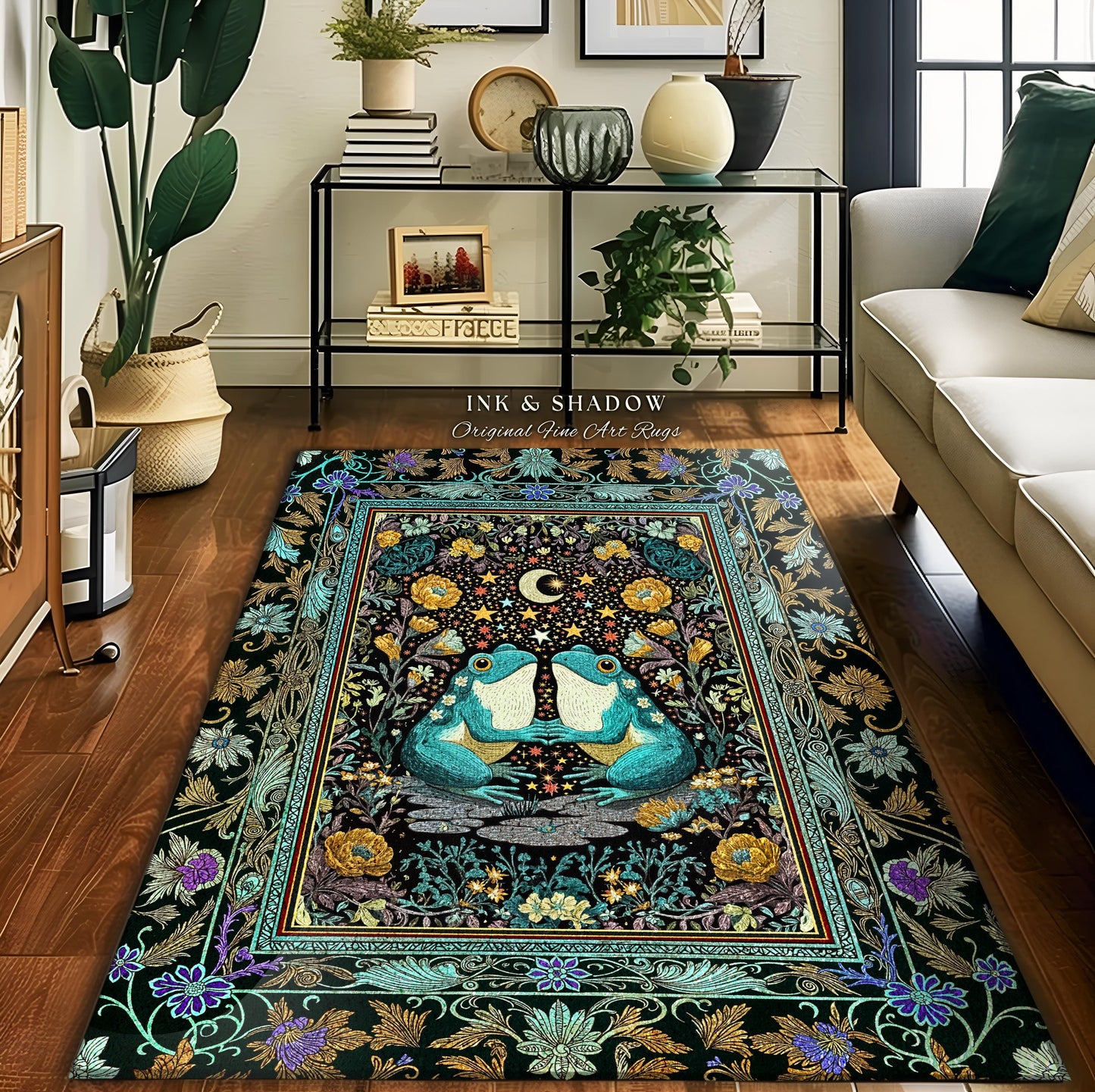Frog and Toad Celestial Area Rug | Dark Cottagecore Whimsigoth Aesthetic Goblincore Bedroom Mystic Theme Enchanted Forest Botanical Folklore