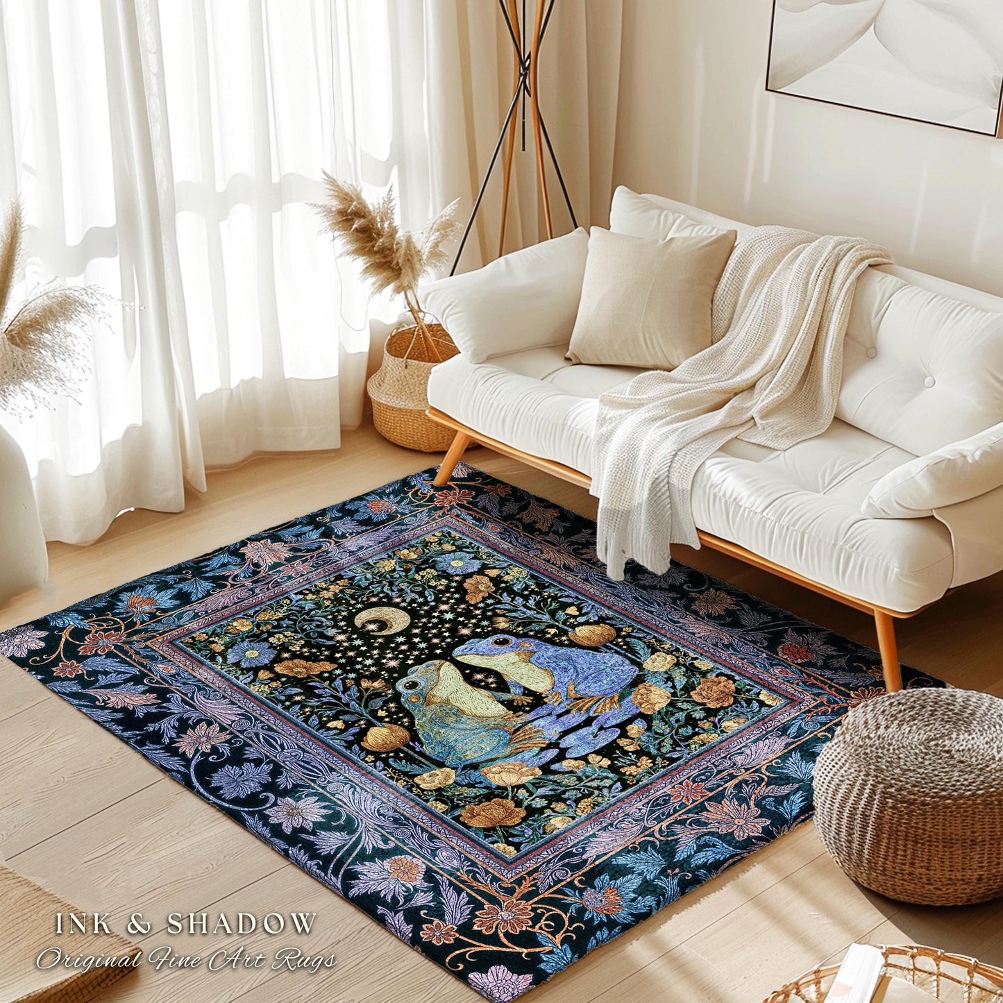 Magical Night Sky Frog Lovers Rug | Whimsical Area Enchanted Forestcore Style Mystical Fantasy Aesthetic Goblincore Forest Spirit Animal |