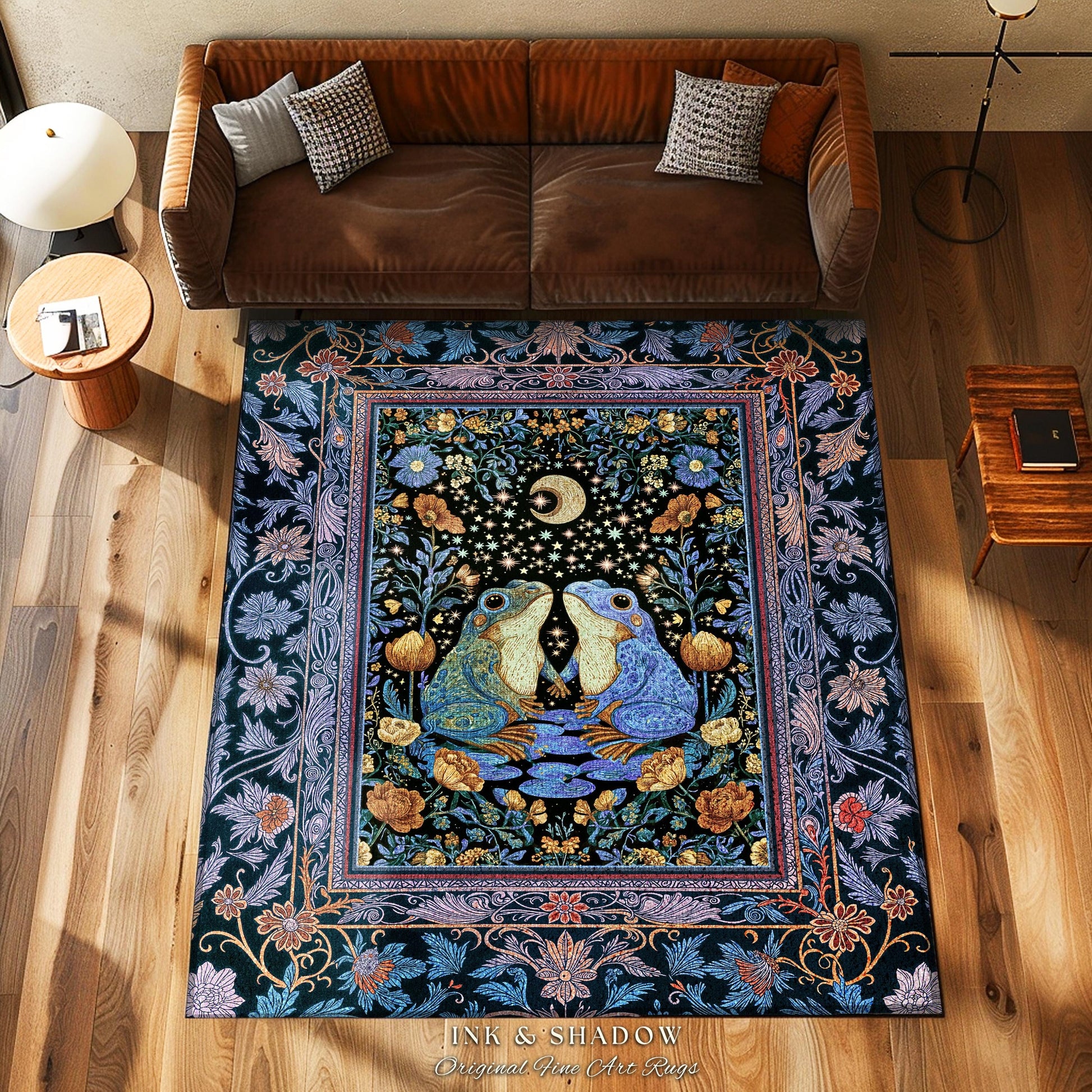 Magical Night Sky Frog Lovers Rug | Whimsical Area Enchanted Forestcore Style Mystical Fantasy Aesthetic Goblincore Forest Spirit Animal |