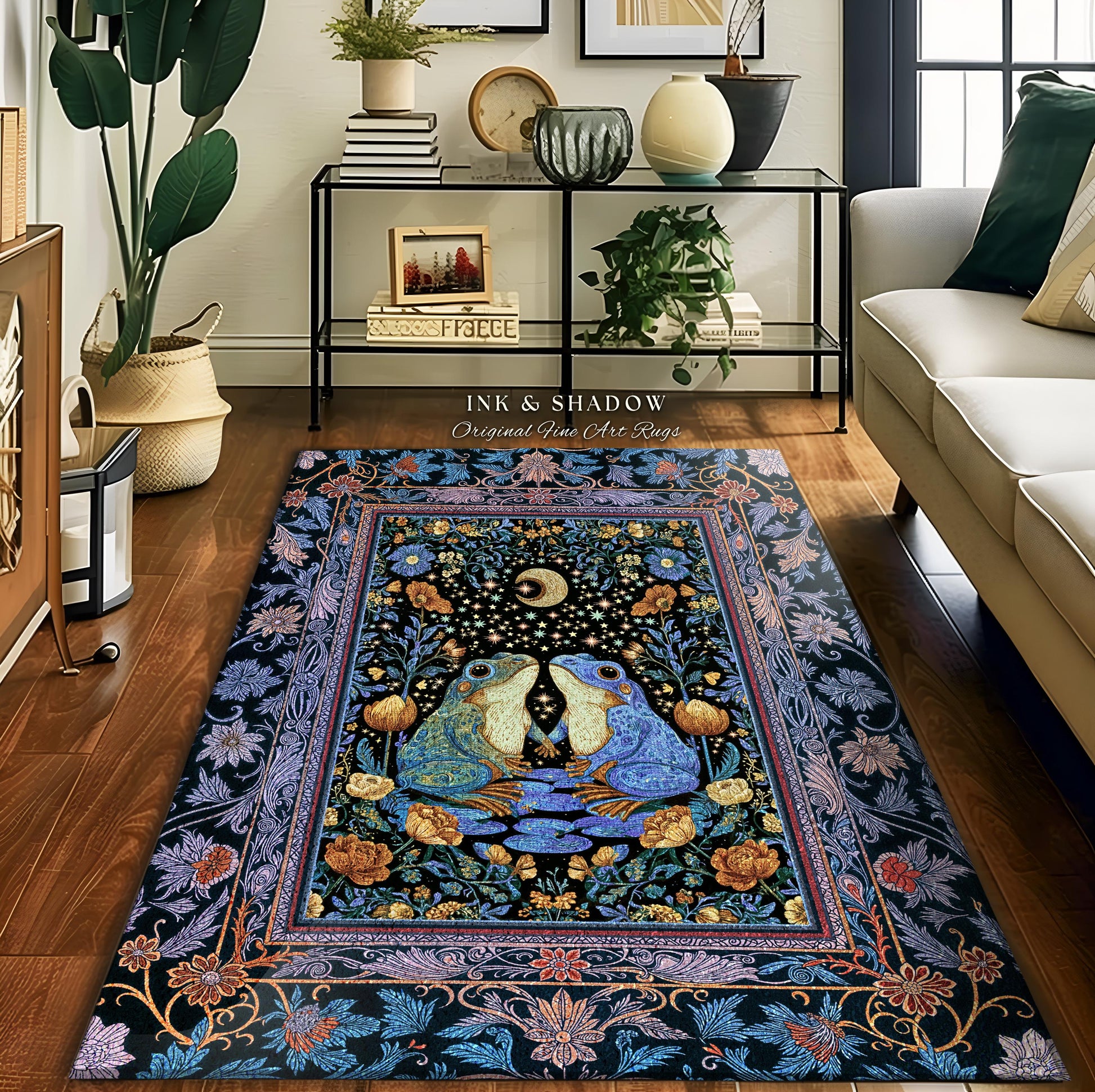Magical Night Sky Frog Lovers Rug | Whimsical Area Enchanted Forestcore Style Mystical Fantasy Aesthetic Goblincore Forest Spirit Animal |
