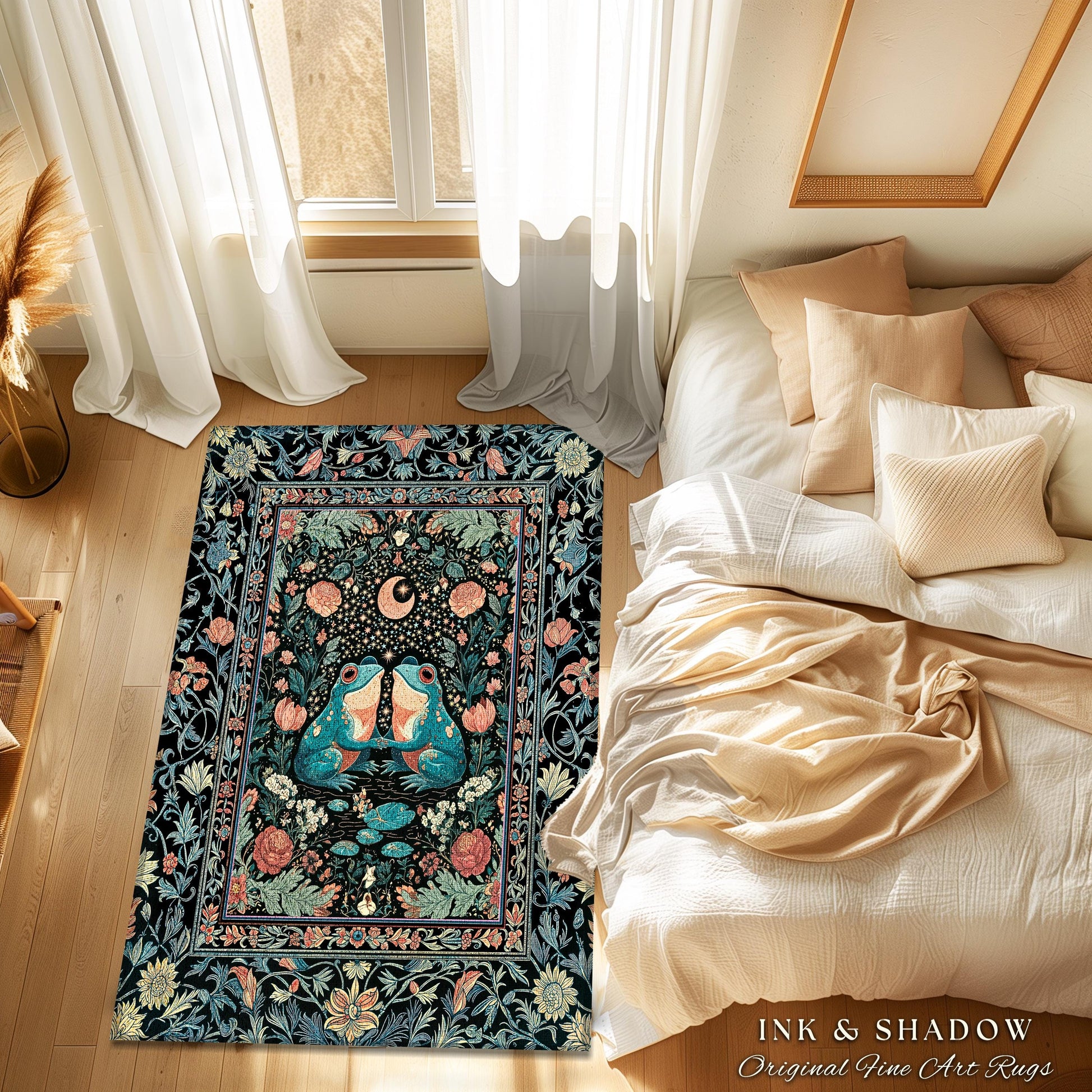 Colorful Frog Couple Floral Rug | Whimsical Bedroom Accent Woodland Fantasy Cottagecore Fairycore Aesthetic Enchanted Garden Creatures Cute