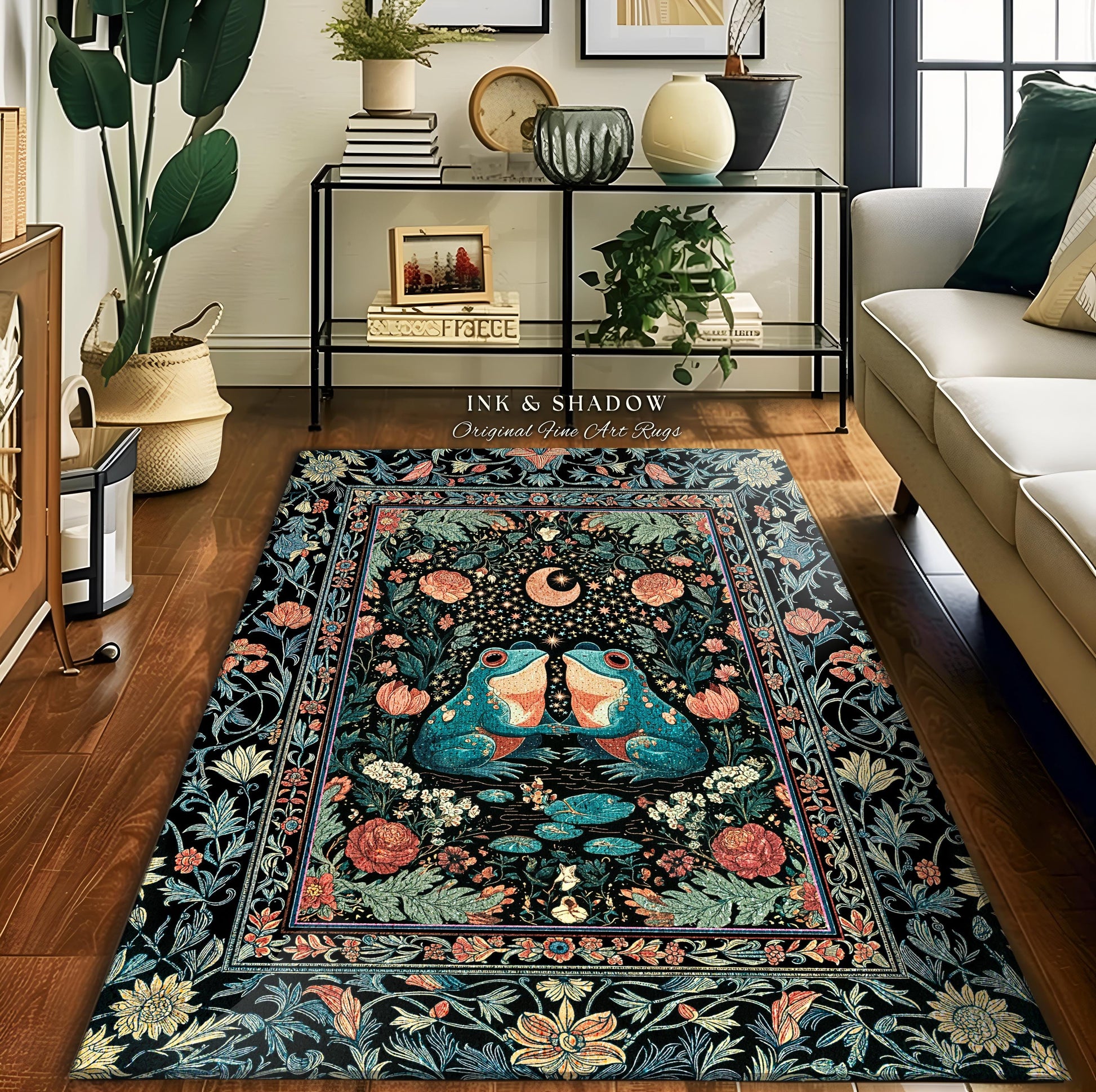 Colorful Frog Couple Floral Rug | Whimsical Bedroom Accent Woodland Fantasy Cottagecore Fairycore Aesthetic Enchanted Garden Creatures Cute