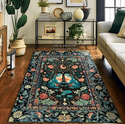 Colorful Frog Couple Floral Rug | Whimsical Bedroom Accent Woodland Fantasy Cottagecore Fairycore Aesthetic Enchanted Garden Creatures Cute