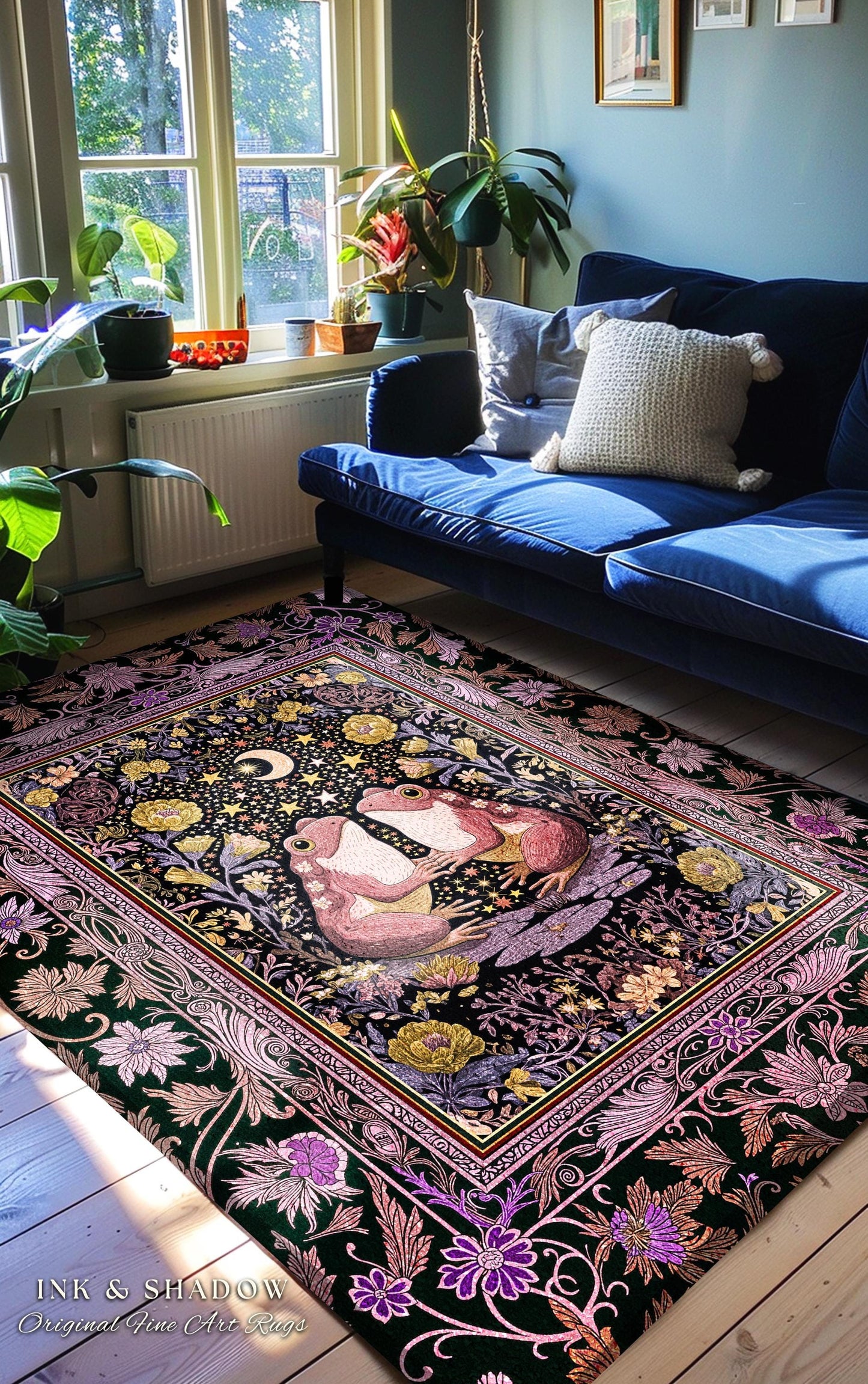 Pastel Goblincore Frog Couple Rug | Cottagecore Area Decor Whimsigothic Style Enchanted Forest Fairycore Bedroom Dark Botanical Whimsy Boho