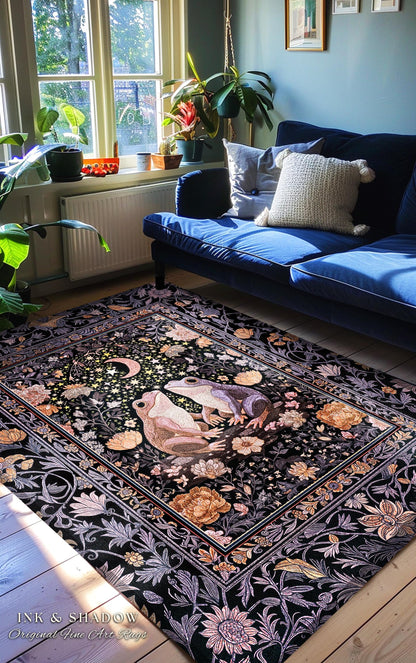Soft Fairycore Moonlit Frog Accent Rug | Purple Whimsical Home Decor Cottagecore Bedroom Enchanted Garden Whimsigothic Mystical Aesthetic |