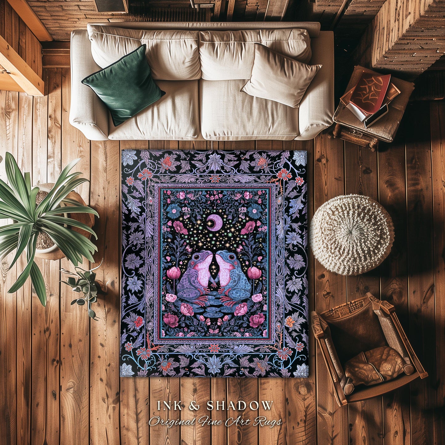 Dreamy Lavender Woodland Area Rug | Boho Fairycore Bedroom Accent Cute Frog Couple Mystic Theme Pastel Purple Decor Whimsigothic Aesthetic