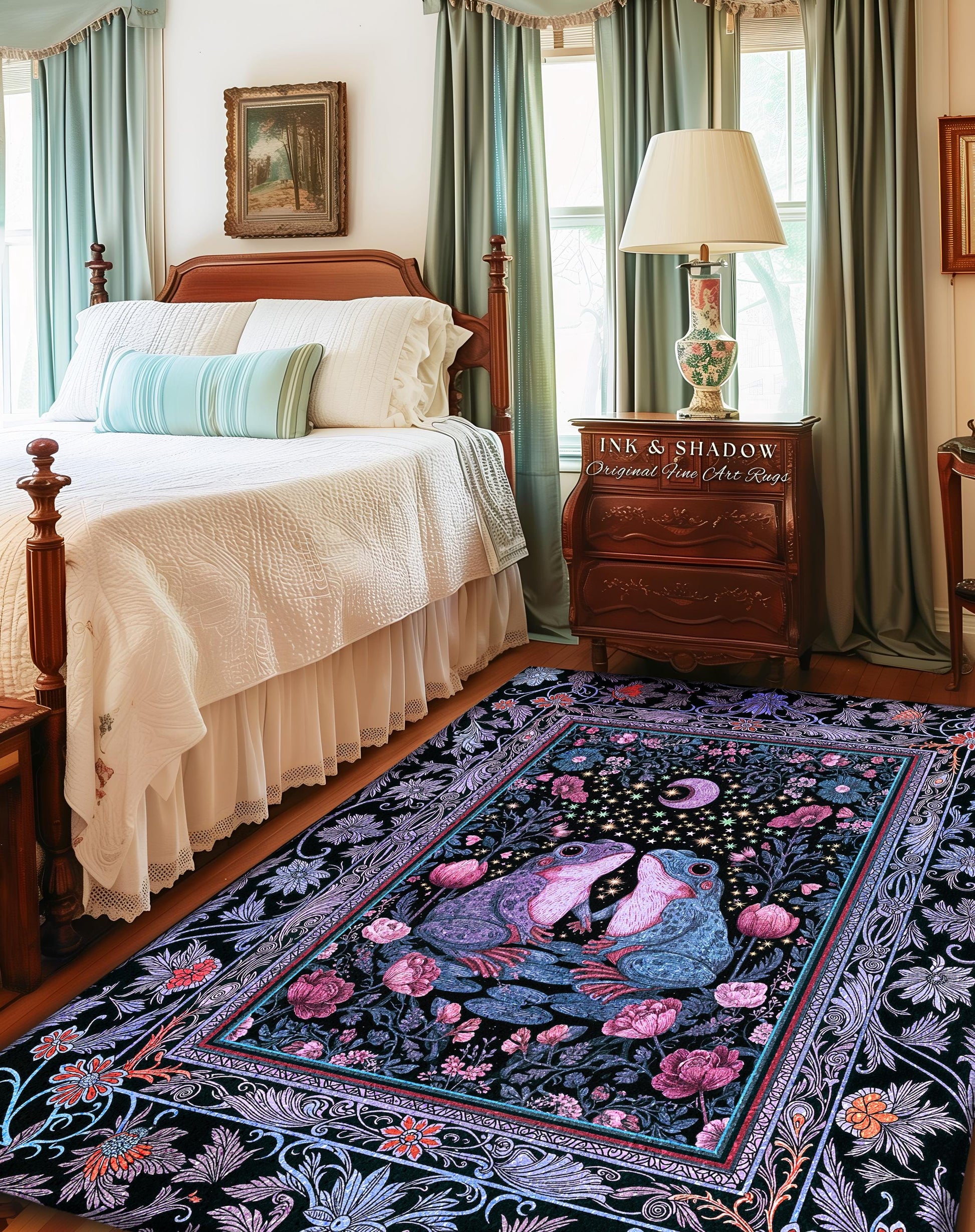 Dreamy Lavender Woodland Area Rug | Boho Fairycore Bedroom Accent Cute Frog Couple Mystic Theme Pastel Purple Decor Whimsigothic Aesthetic