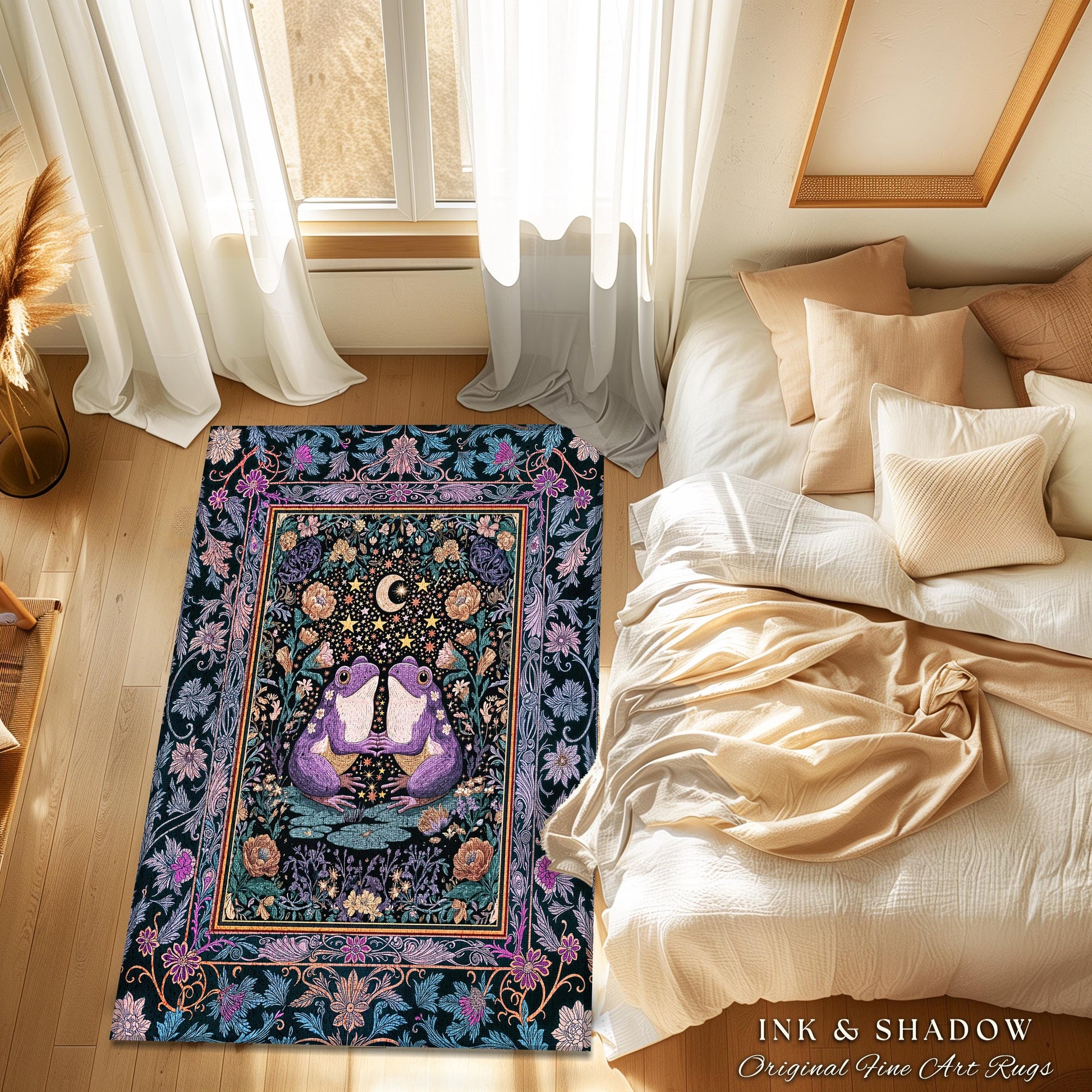 Enchanted Garden Frog Lover Accent Rug | Folklore Bedroom Area Mystical Fantasy Cottagecore Style Fairycore Decor Celestial Nature Whimsical