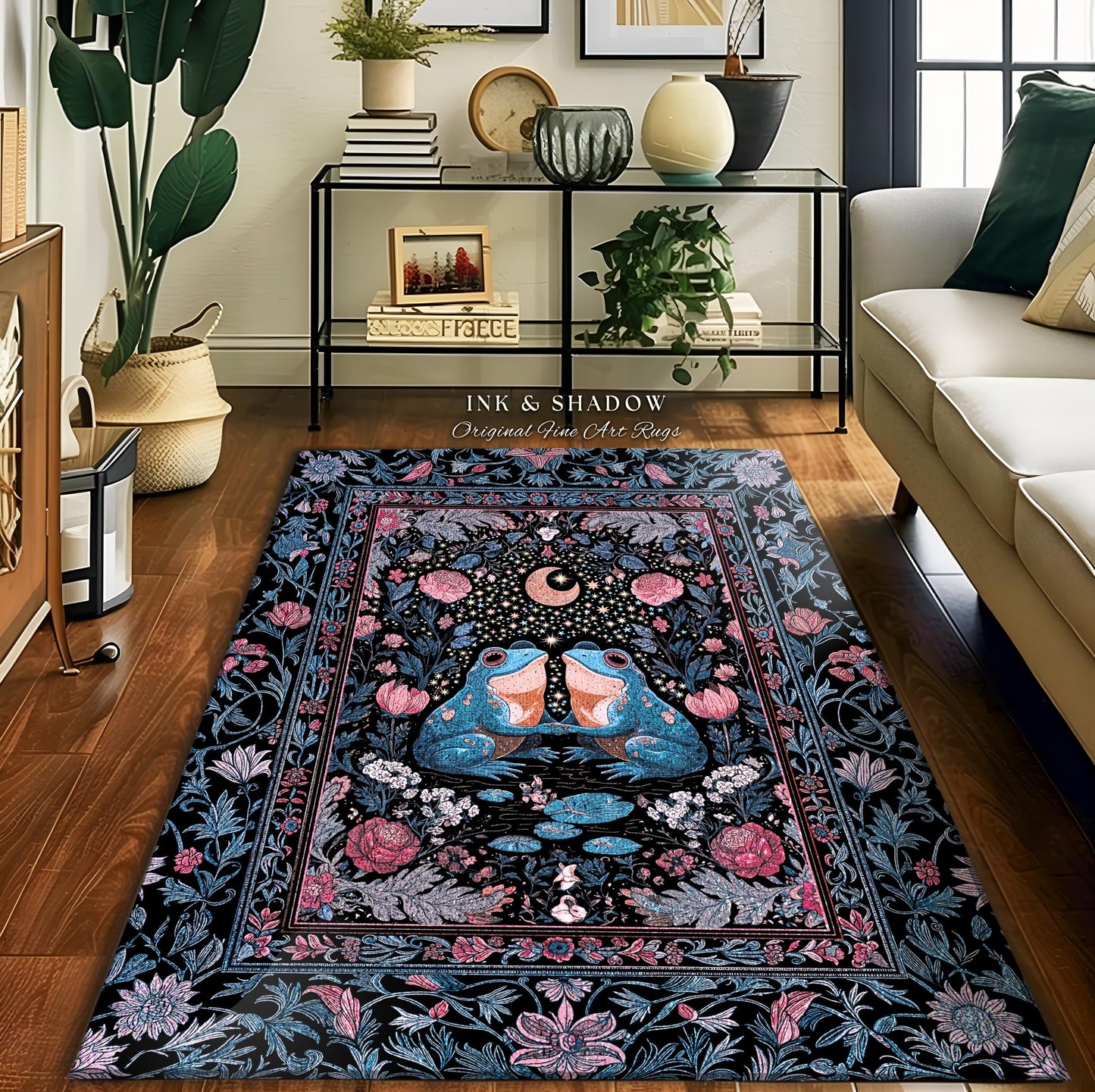 Bohemian Frogs Whimsical Accent Rug | Enchanted Woodland Forest Theme Folklore Decor Mystical Fairycore Aesthetic Whimsigoth Celestial Motif