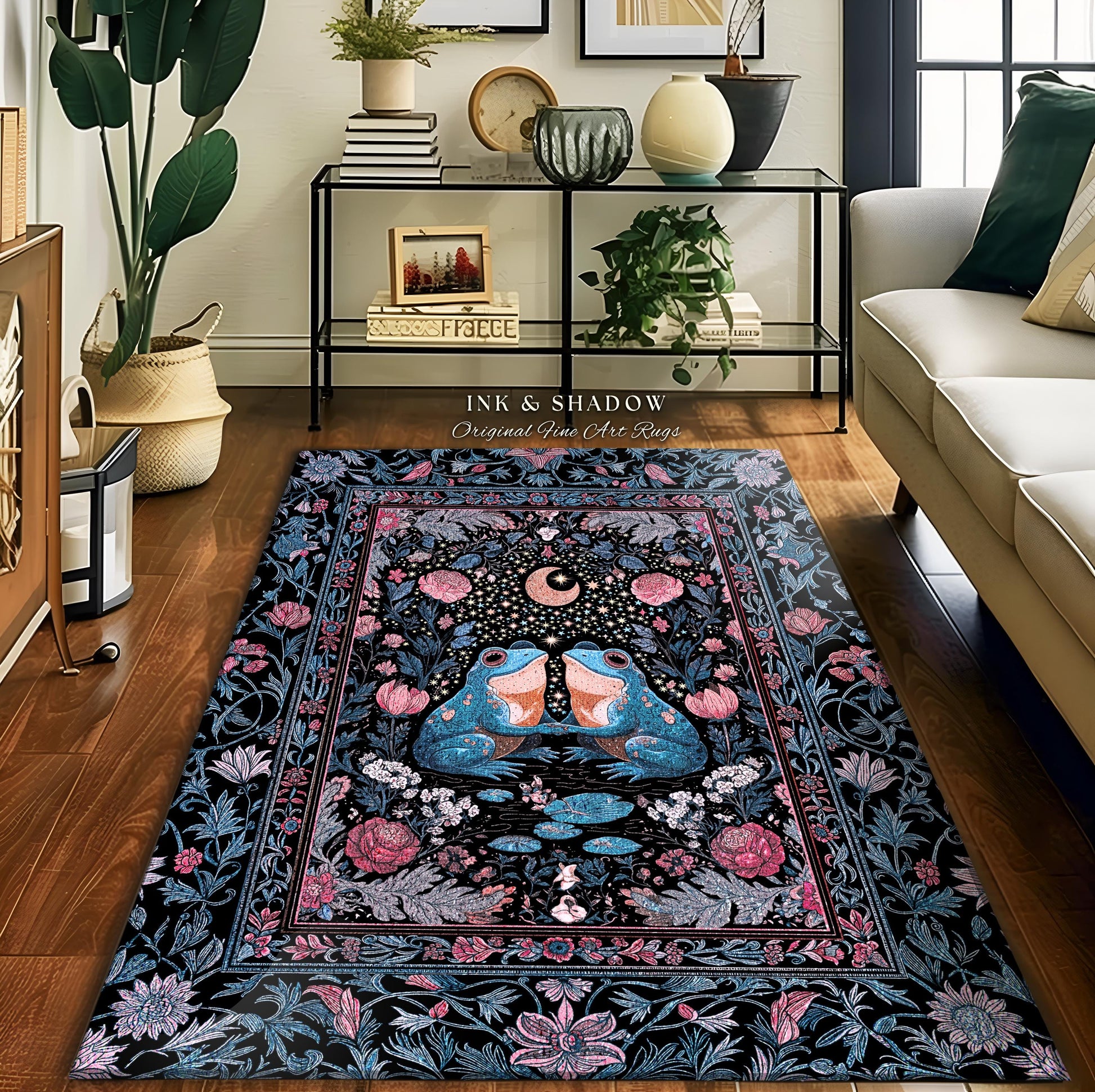Bohemian Frogs Whimsical Accent Rug | Enchanted Woodland Forest Theme Folklore Decor Mystical Fairycore Aesthetic Whimsigoth Celestial Motif