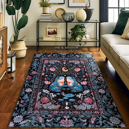 Bohemian Frogs Whimsical Accent Rug | Enchanted Woodland Forest Theme Folklore Decor Mystical Fairycore Aesthetic Whimsigoth Celestial Motif