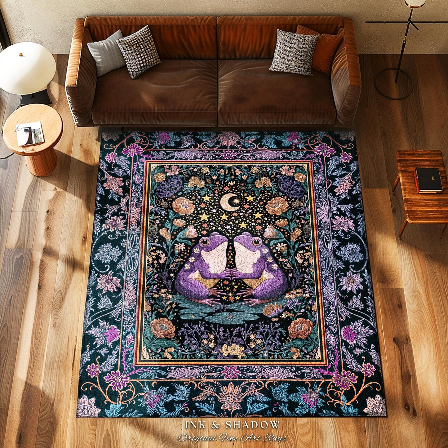 Enchanted Garden Frog Lover Accent Rug | Folklore Bedroom Area Mystical Fantasy Cottagecore Style Fairycore Decor Celestial Nature Whimsical