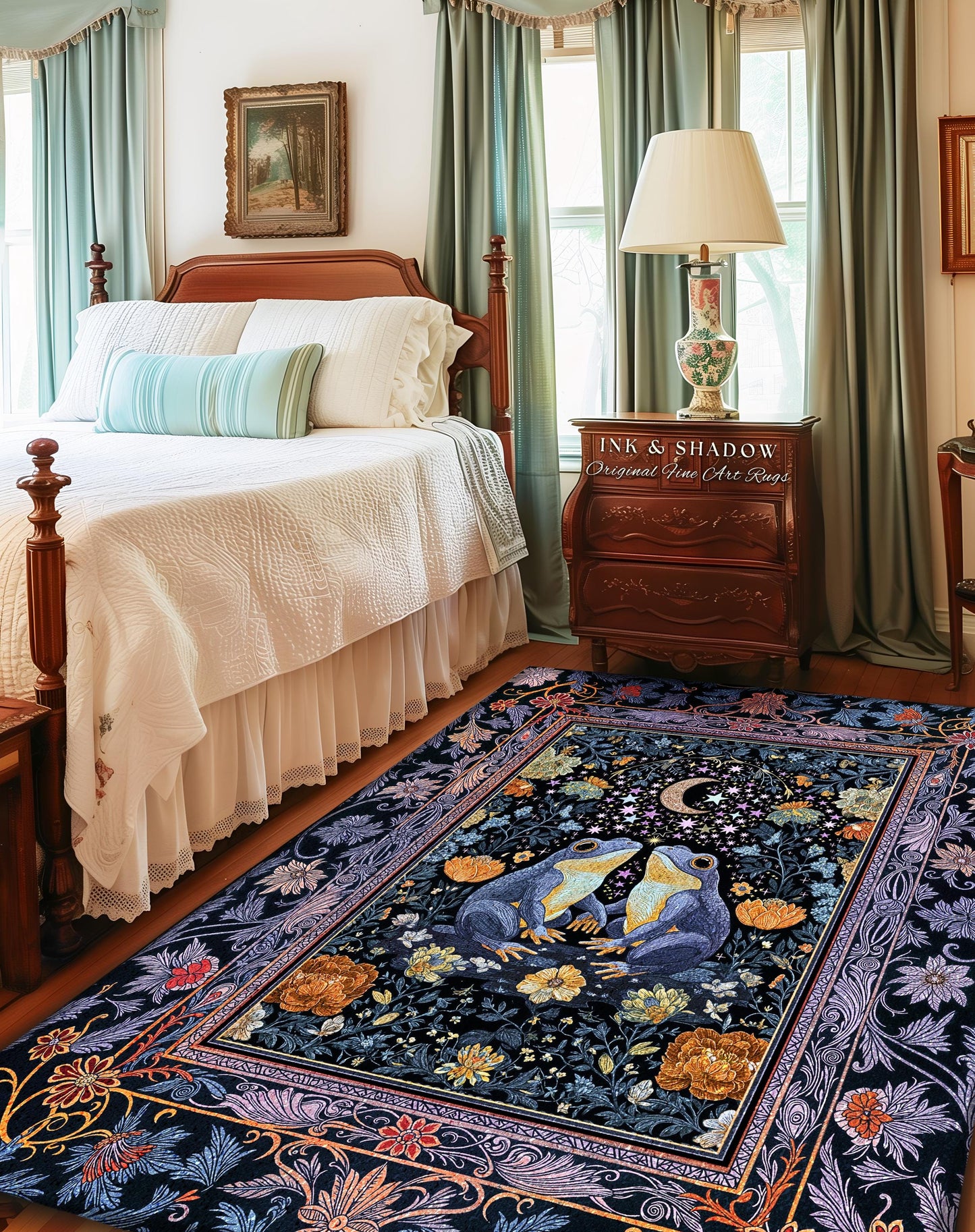 Dark Botanical Twilight Frogs Area Rug | Mystical Folklore Bedroom Whimsigoth Aesthetic Cottagecore Fairycore Creatures Bohemian Celestial |