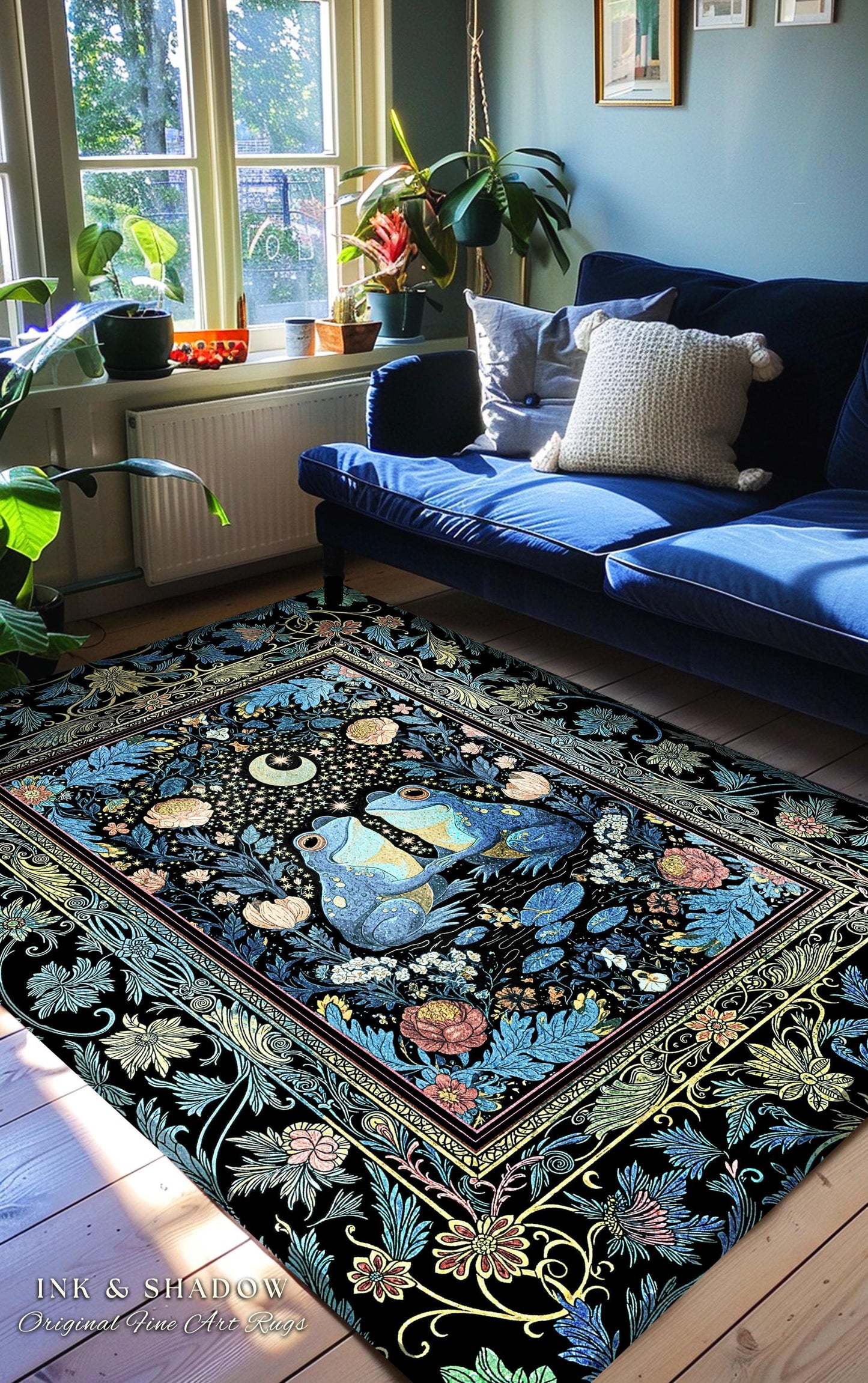 Blue Moon Frog Lovers Bedroom Accent | Whimsigoth Area Rug Enchanted Garden Decor Goblincore Whimsy Fairycore Style Mystical Cottagecore |