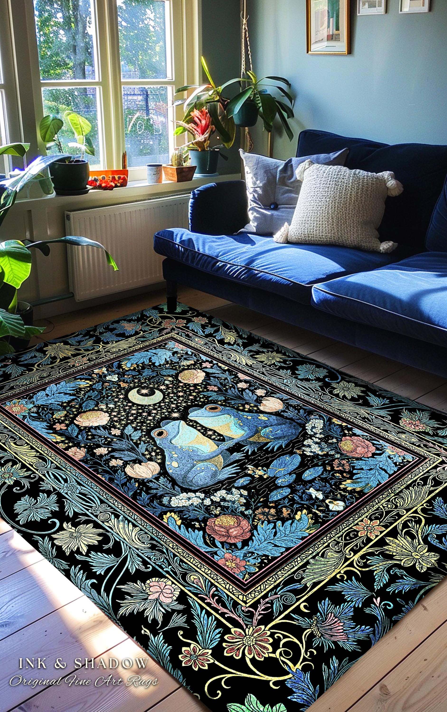Blue Moon Frog Lovers Bedroom Accent | Whimsigoth Area Rug Enchanted Garden Decor Goblincore Whimsy Fairycore Style Mystical Cottagecore |