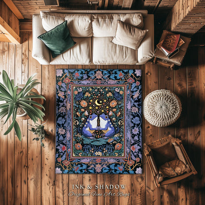 Dark Botanical Whimsy Area Rug | Celestial Garden Frog Lovers Home Accent Rug Enchanted Bedroom Mystic Aesthetic Cottagecore Dreamy Decor |