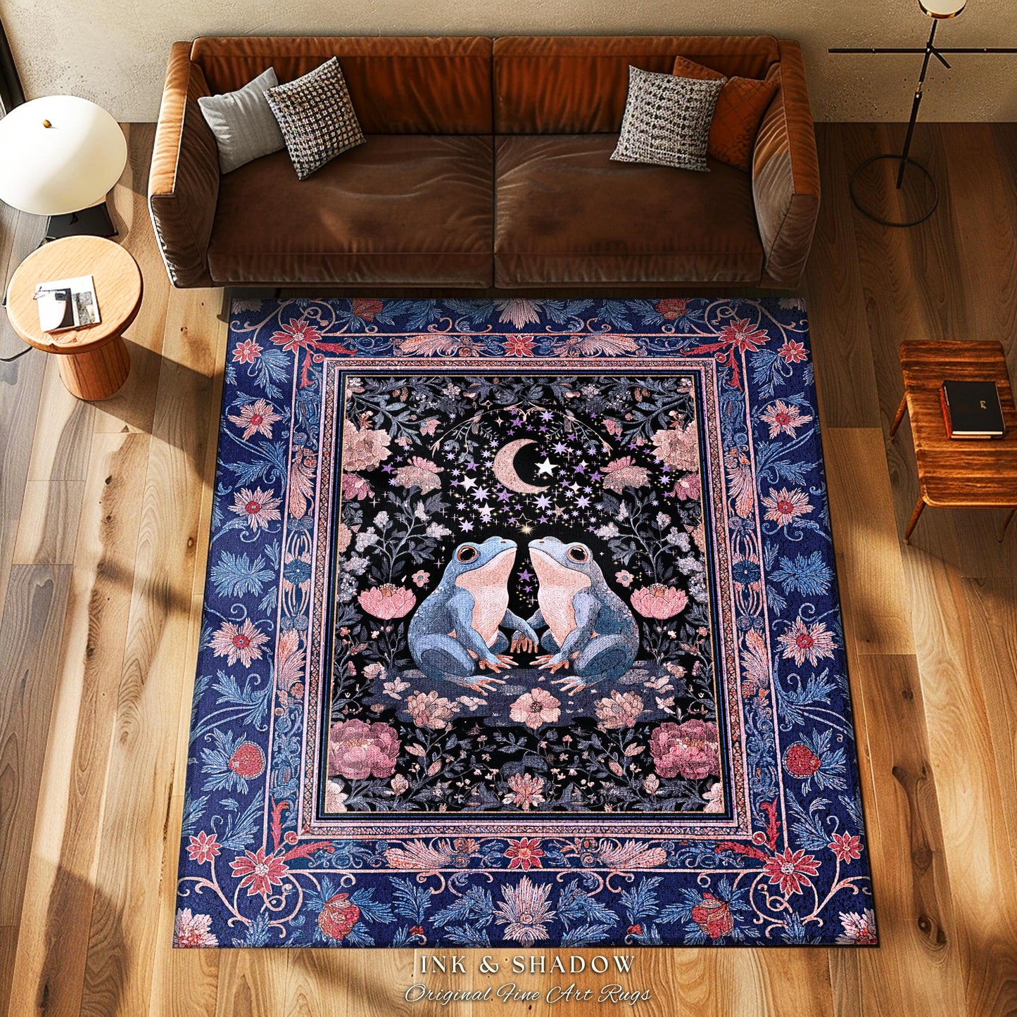 Fairy Aesthetic Frog Couple Accent Rug | Mystic Bedroom Area Fairycore Theme Cottagecore Elegance Enchanted Night Whimsigothic Floral Pastel