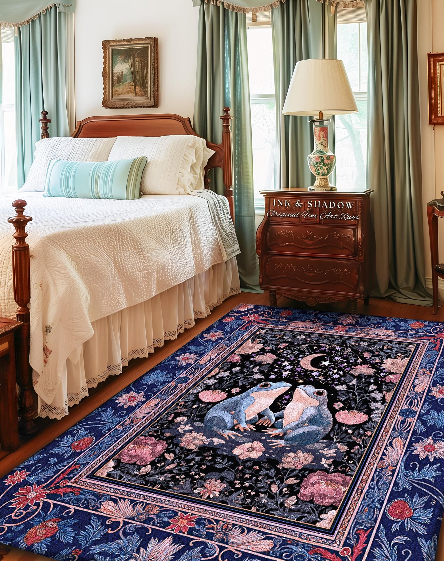 Fairy Aesthetic Frog Couple Accent Rug | Mystic Bedroom Area Fairycore Theme Cottagecore Elegance Enchanted Night Whimsigothic Floral Pastel