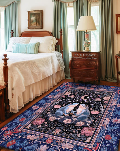 Fairy Aesthetic Frog Couple Accent Rug | Mystic Bedroom Area Fairycore Theme Cottagecore Elegance Enchanted Night Whimsigothic Floral Pastel