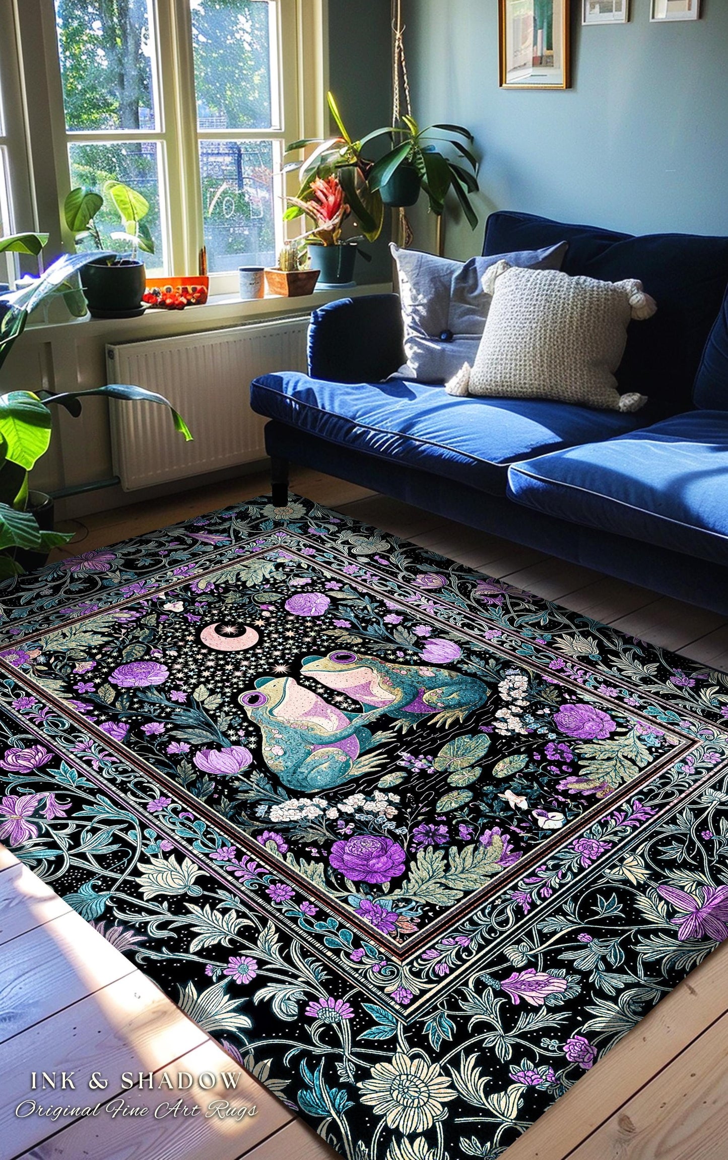 Cute Boho Aesthetic Frog Couple Rug | Whimsical Style Home Accent Rug Enchanted Forestcore Bedroom Cottagecore Decor Fairycore Theme Moody