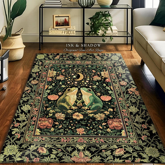Moonlit Celestial Frog Lovers Area Rug | Fairycore Bedroom Accent Folklore Enchanted Forest Fairy Inspired Decor Cottagecore Whimsy Floral |