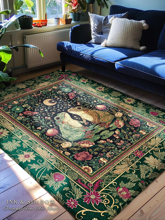 Whimsical Floral Frog Area Rug | Fairycore Aesthetic Cottagecore Accent Frog Lovers Gift Magical Botanical Aesthetic Whimsigoth Witchy Room