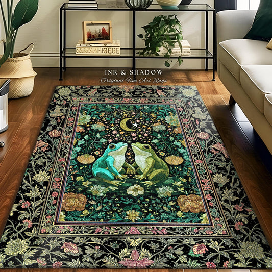 Cute Cottagecore Frog Couple Area Rug | Fairycore Home Accent Flower Decorated Nature Aesthetic Goblincore Bedroom Mystical Whimsical Style