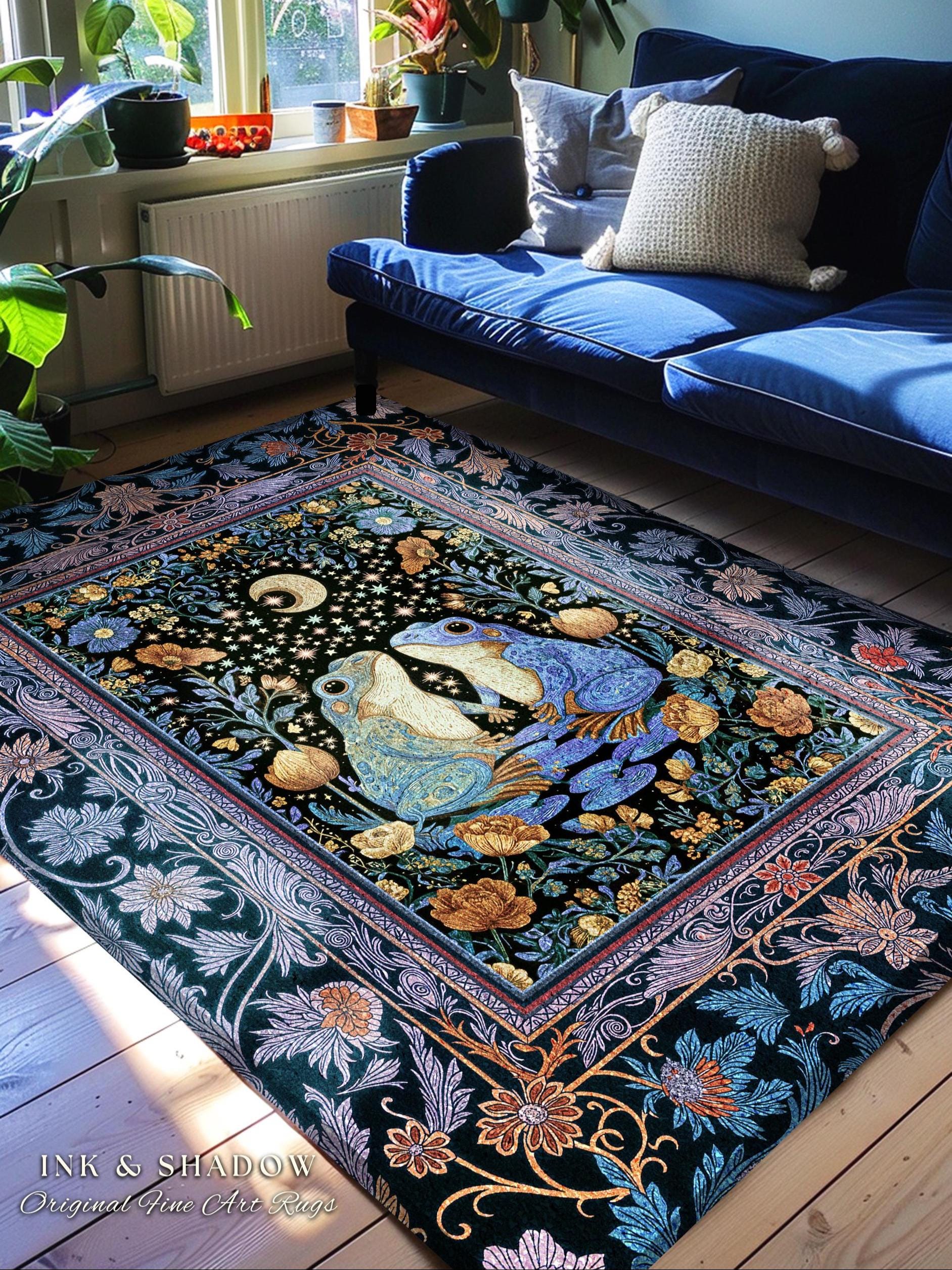 Magical Night Sky Frog Lovers Rug | Whimsical Area Enchanted Forestcore Style Mystical Fantasy Aesthetic Goblincore Forest Spirit Animal |
