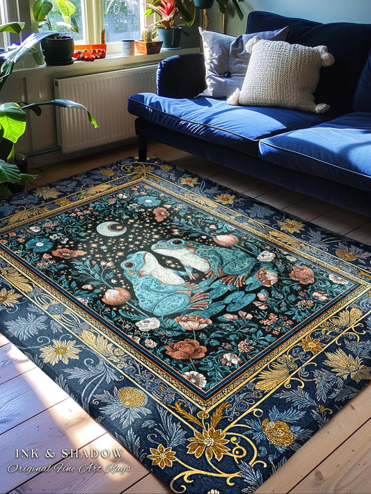 Witchy Whimsical Frog Lovers Rug | Enchanted Bedroom Mystical Cottagecore Style Fairycore Woodland Romance Goblincore Moody Botanical Style