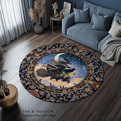 Magic Moonlit Witch Accent Rug | Ethereal Witchy Halloween Bedroom Area Rug Nostalgic Aesthetic Broomstick Black Cat Celestial Home Decor |