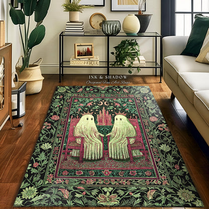 King and Queen Ghost Couple Area Rug | Cozy Gothic Bedroom Accent Halloween Decor Botanical Theme Dark Academia Spooky Whimsigothic Style |