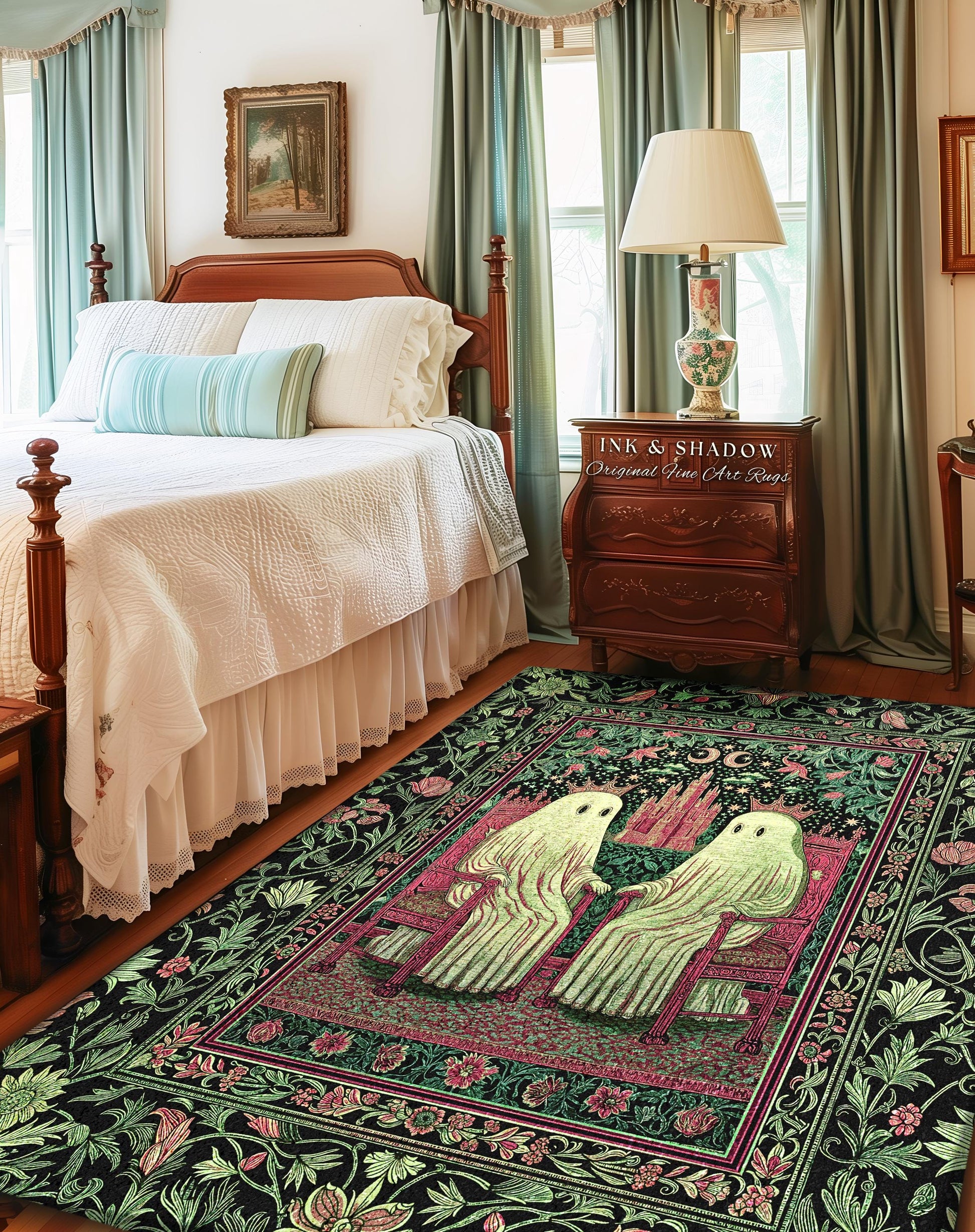 King and Queen Ghost Couple Area Rug | Cozy Gothic Bedroom Accent Halloween Decor Botanical Theme Dark Academia Spooky Whimsigothic Style |