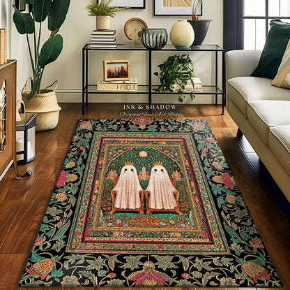 Ghostly Boho Couple Area Rug | Cozy Gothic Decor Haunted Forest Aesthetic Halloween Accent Witchy Style Dark Academia Bedroom Whimsigothic |