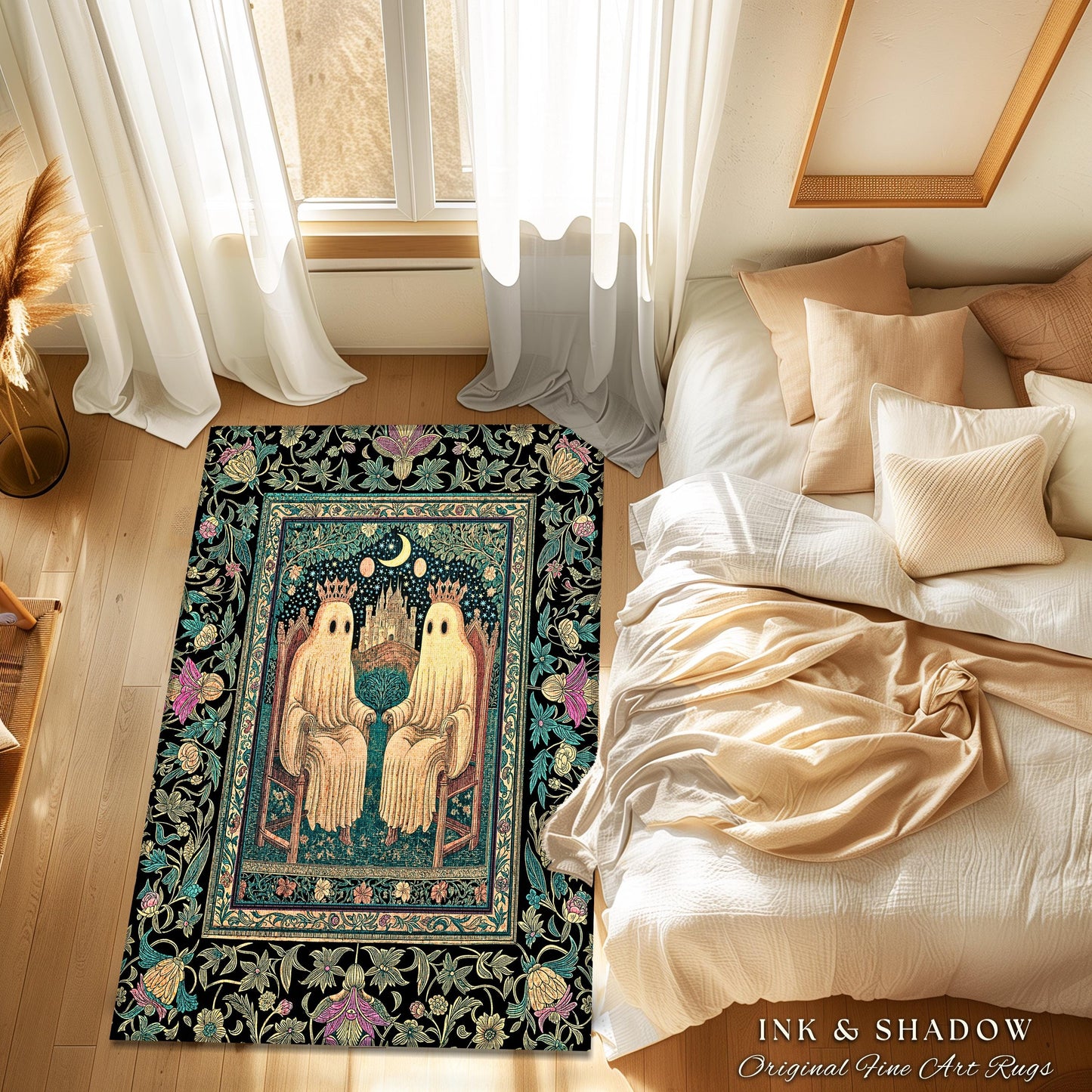 Victorian Gothic Lovers Area Rug | Eclectic Bedroom Dark Academia Style Decor Haunted Forest Theme Halloween Accent Whimsigothic Botanical