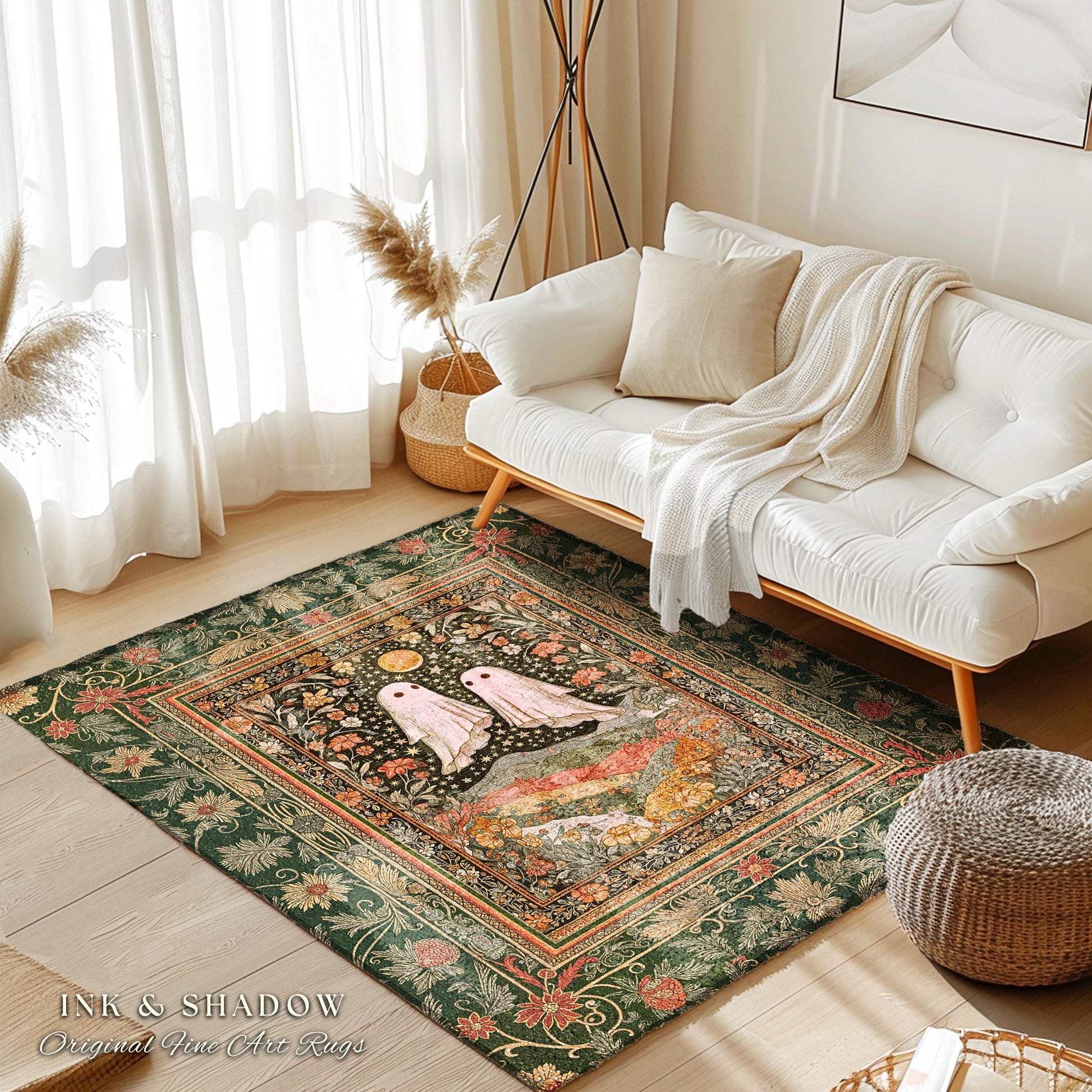 Autumn Pastels Whimsical Ghost Rug | Soft Romantic Halloween Cute Botanical Room Celestial Spirits Cottage Rug Cozy Bedroom Fall Decor Style
