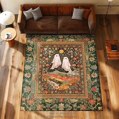Autumn Pastels Whimsical Ghost Rug | Soft Romantic Halloween Cute Botanical Room Celestial Spirits Cottage Rug Cozy Bedroom Fall Decor Style