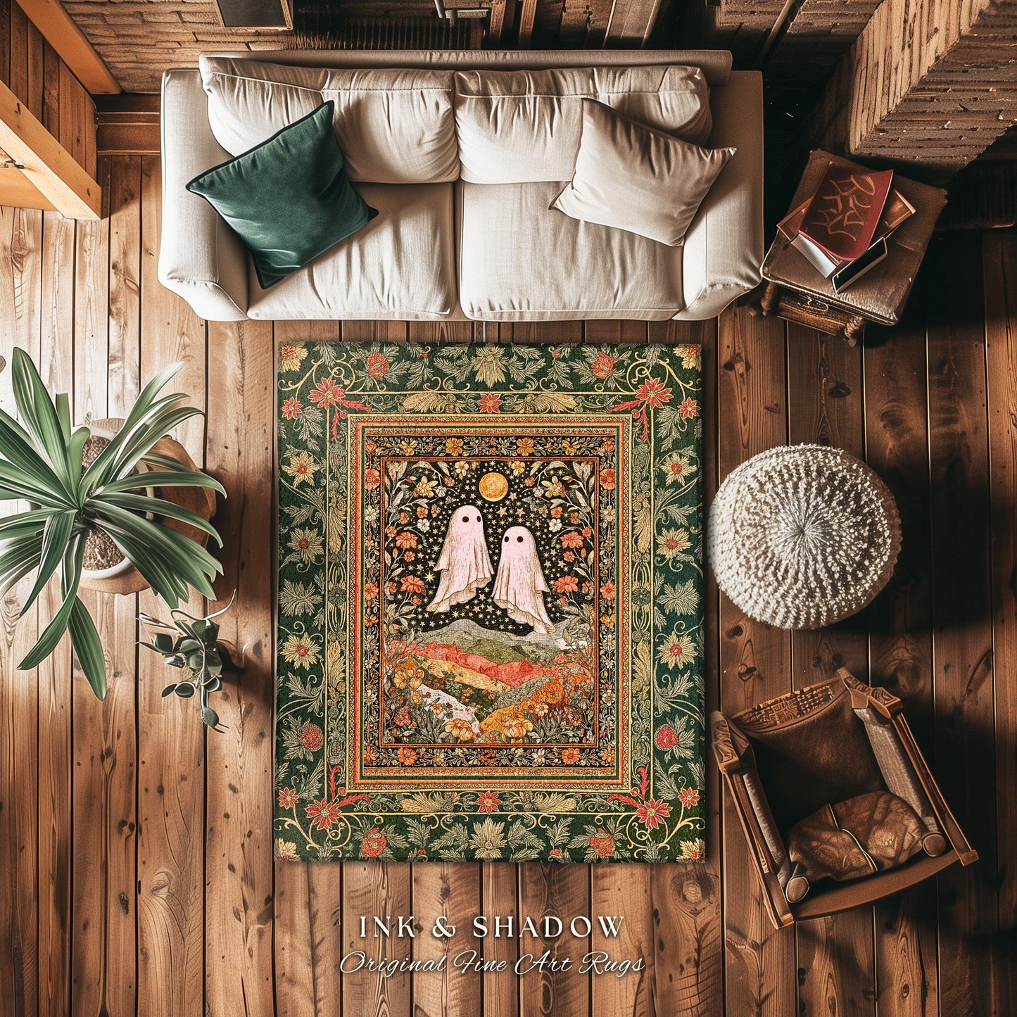 Autumn Pastels Whimsical Ghost Rug | Soft Romantic Halloween Cute Botanical Room Celestial Spirits Cottage Rug Cozy Bedroom Fall Decor Style