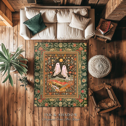 Autumn Pastels Whimsical Ghost Rug | Soft Romantic Halloween Cute Botanical Room Celestial Spirits Cottage Rug Cozy Bedroom Fall Decor Style