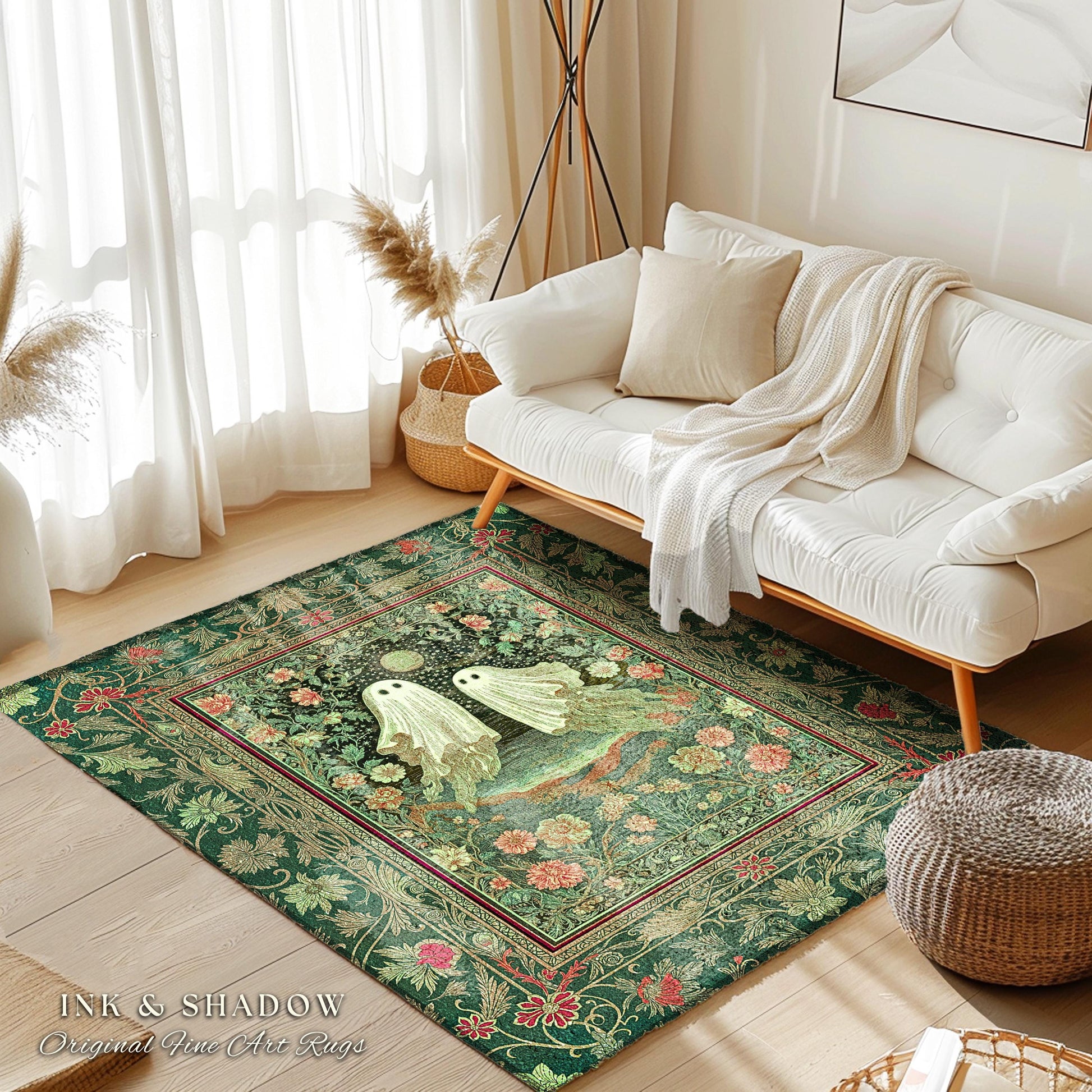 Soft Aesthetic Ghost Lovers Area Rug | Halloween Rug Cozy Fall Whimsigoth Decor Cottagecore Magic Botanical Fairytale Accent Spooky Cute |