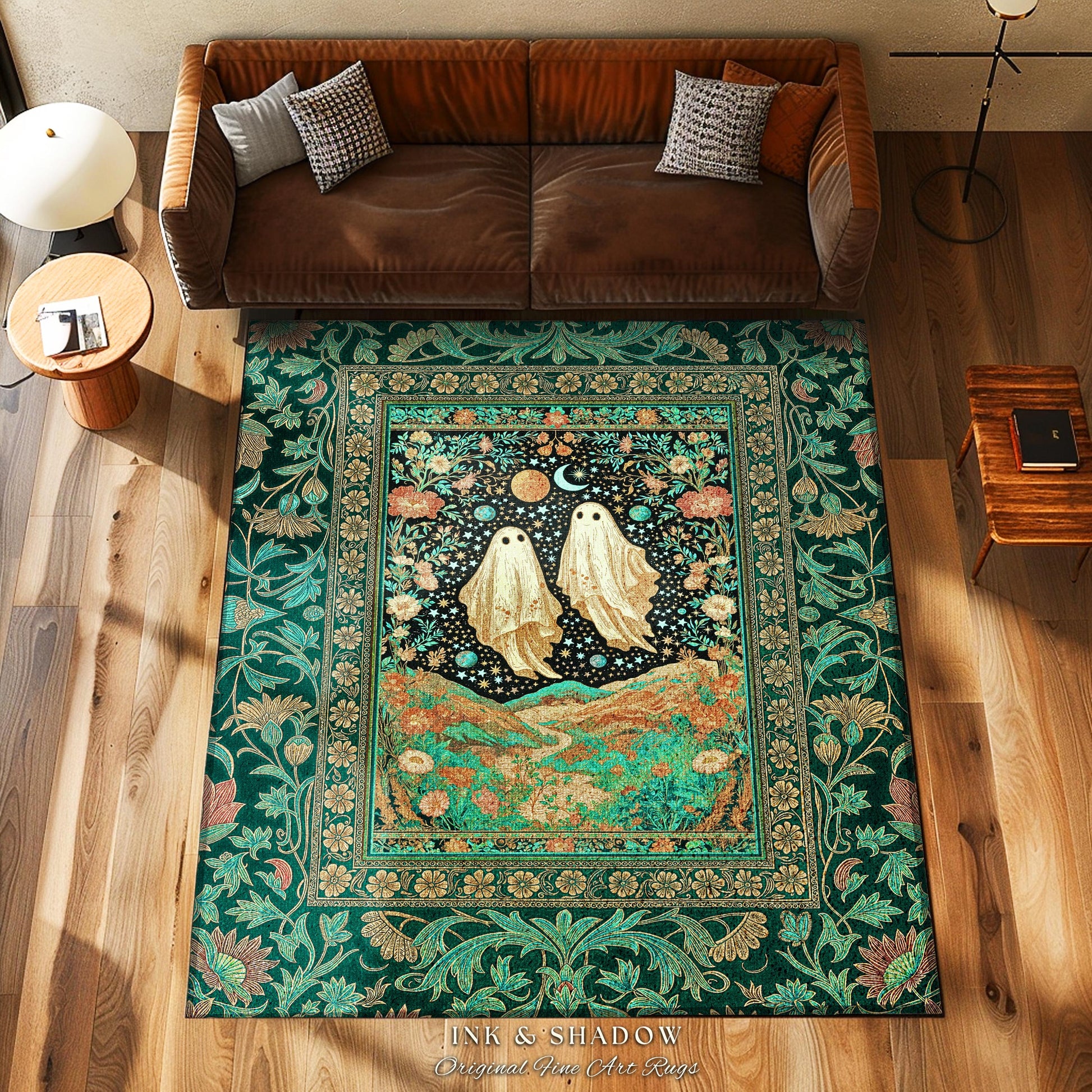 Cozy Moonlit Ghost Couple Area Rug | Whimsical Fall Rug Celestial Ghost Lovers Halloween Aesthetic Dark Cottagecore Magical Ethereal Decor |