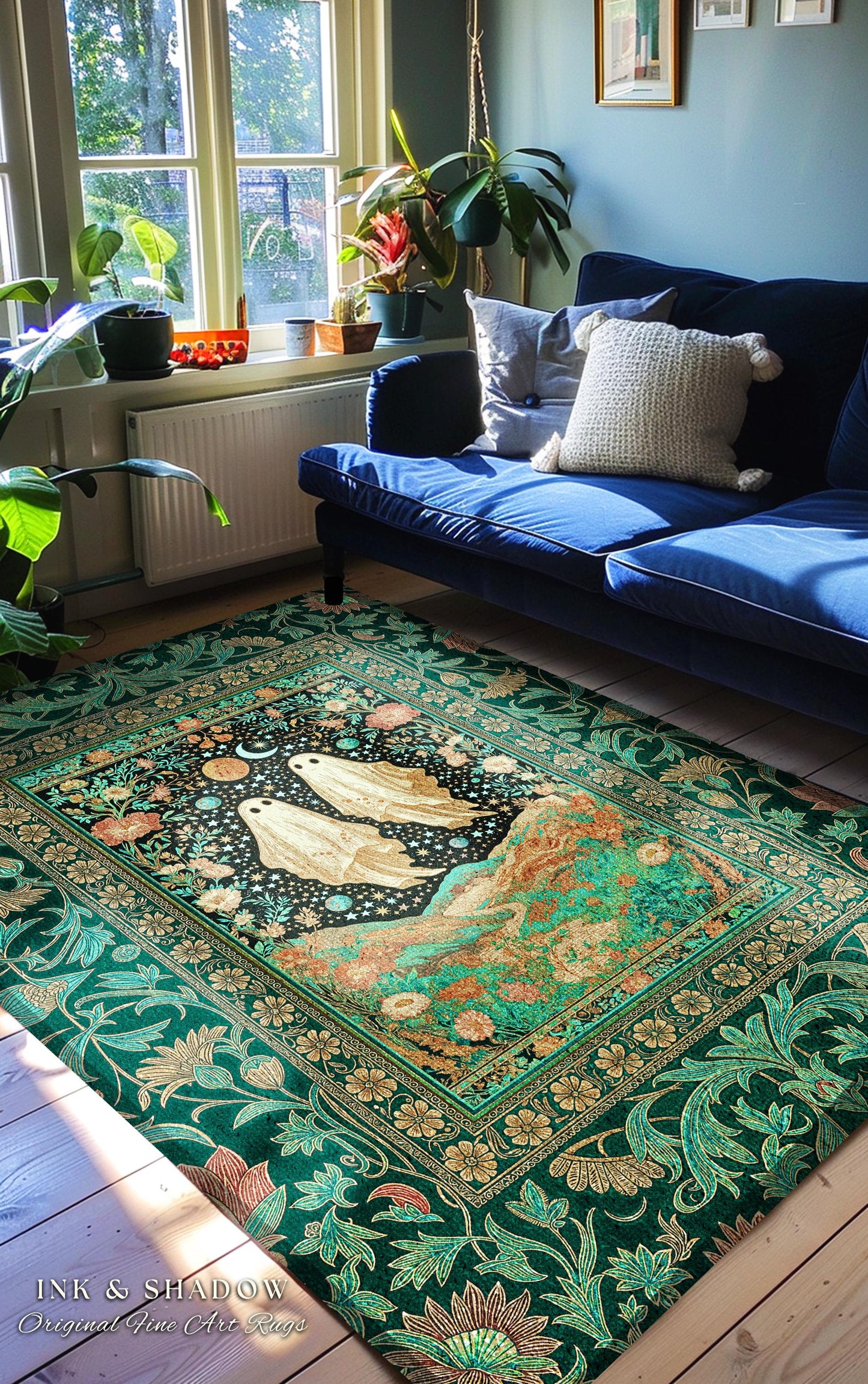 Cozy Moonlit Ghost Couple Area Rug | Whimsical Fall Rug Celestial Ghost Lovers Halloween Aesthetic Dark Cottagecore Magical Ethereal Decor |