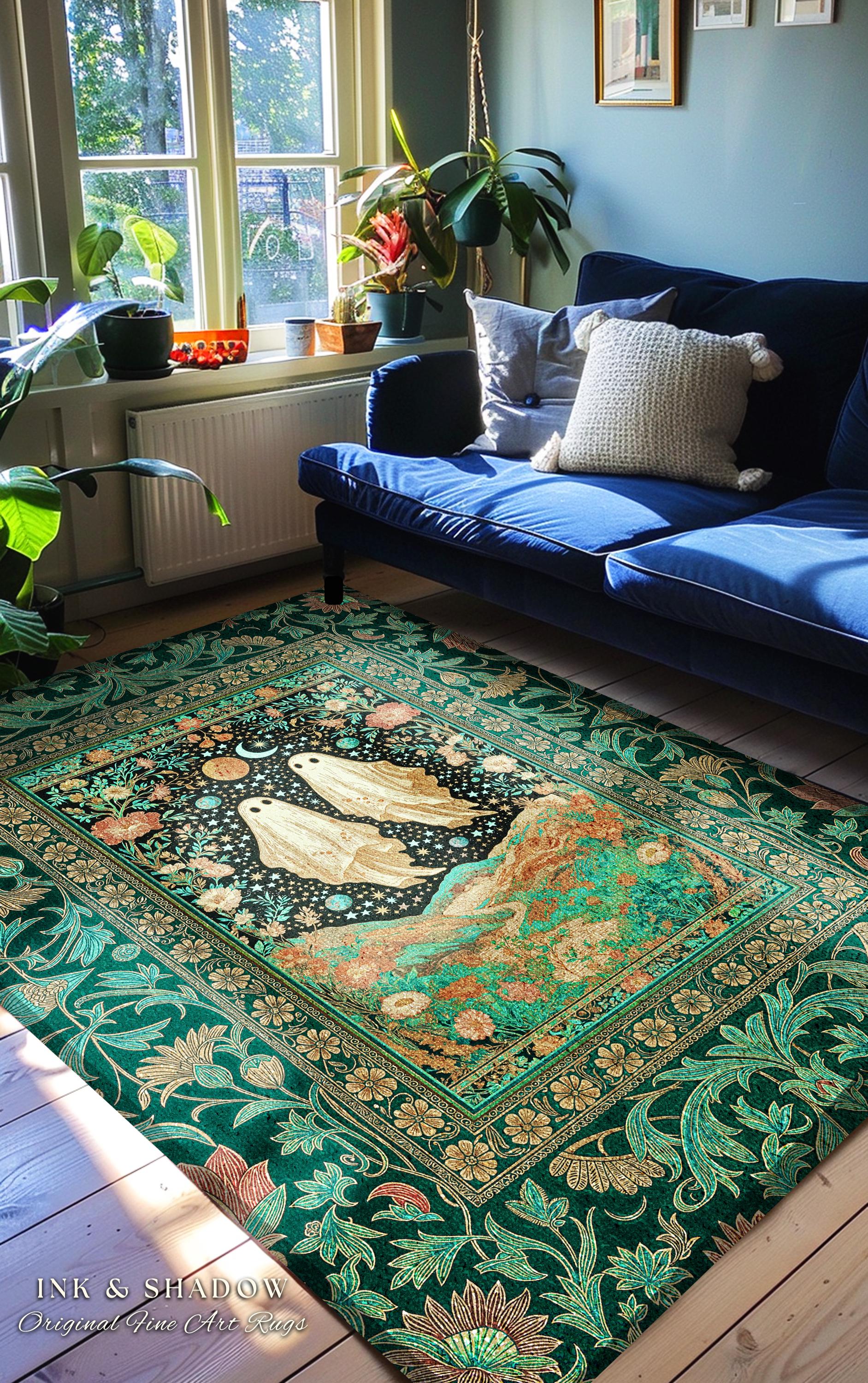 Cozy Moonlit Ghost Couple Area Rug | Whimsical Fall Rug Celestial Ghost Lovers Halloween Aesthetic Dark Cottagecore Magical Ethereal Decor |