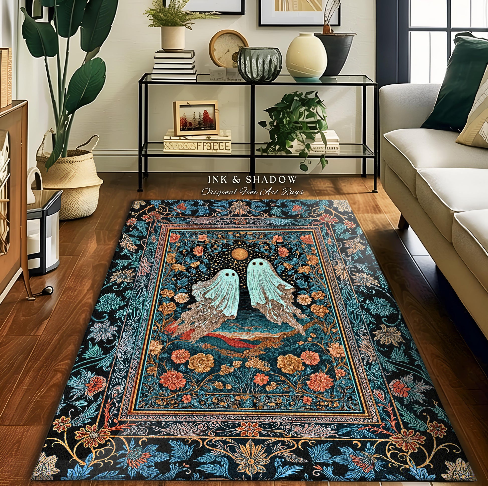 Witchy Whimsical Ghost Couple Area Rug | Gothic Accent Whimsigoth Style Celestial Halloween Home Decor Cottagecore Vibe Fairytale Aesthetic