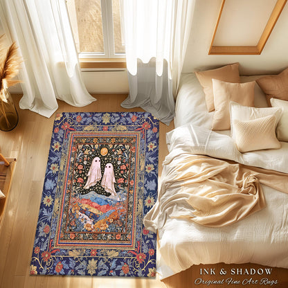 Ornate Cottagegoth Ghosts Accent Rug | Whimsigothic Botanical Romance Halloween Decor Gothic Bedroom Folklore Fairytale Floral Forest Style