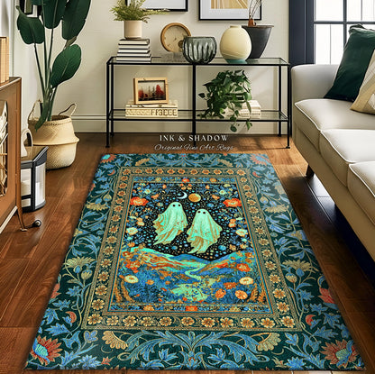Starry Sky Spirit Couple Area Rug | Ethereal Whimsigothic Home Accent Dark Academia Aesthetic Celestial Gothic Cottagecore Cosmic Vibe Decor