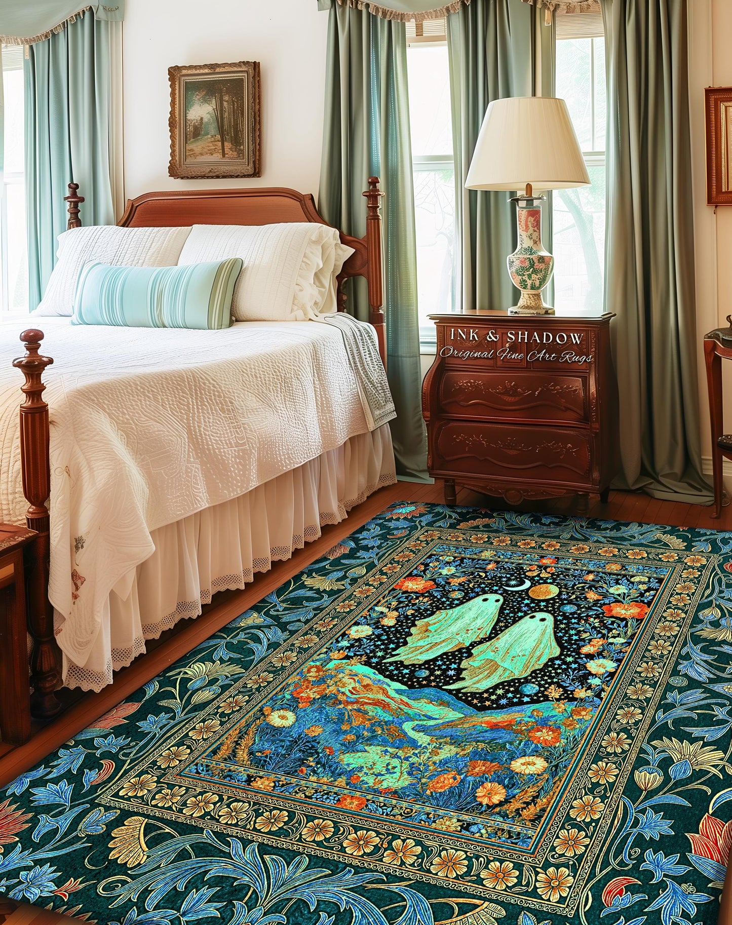 Starry Sky Spirit Couple Area Rug | Ethereal Whimsigothic Home Accent Dark Academia Aesthetic Celestial Gothic Cottagecore Cosmic Vibe Decor