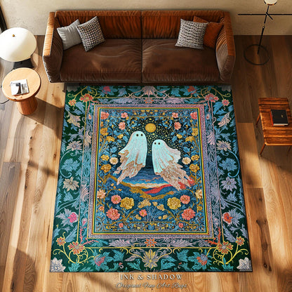 Pastel Florals Whimsical Ghost Rug | Light Academia Bedroom Accent Witchy Decor Whimsigoth Halloween Cute Gothic Cottagecore Aesthetic Room
