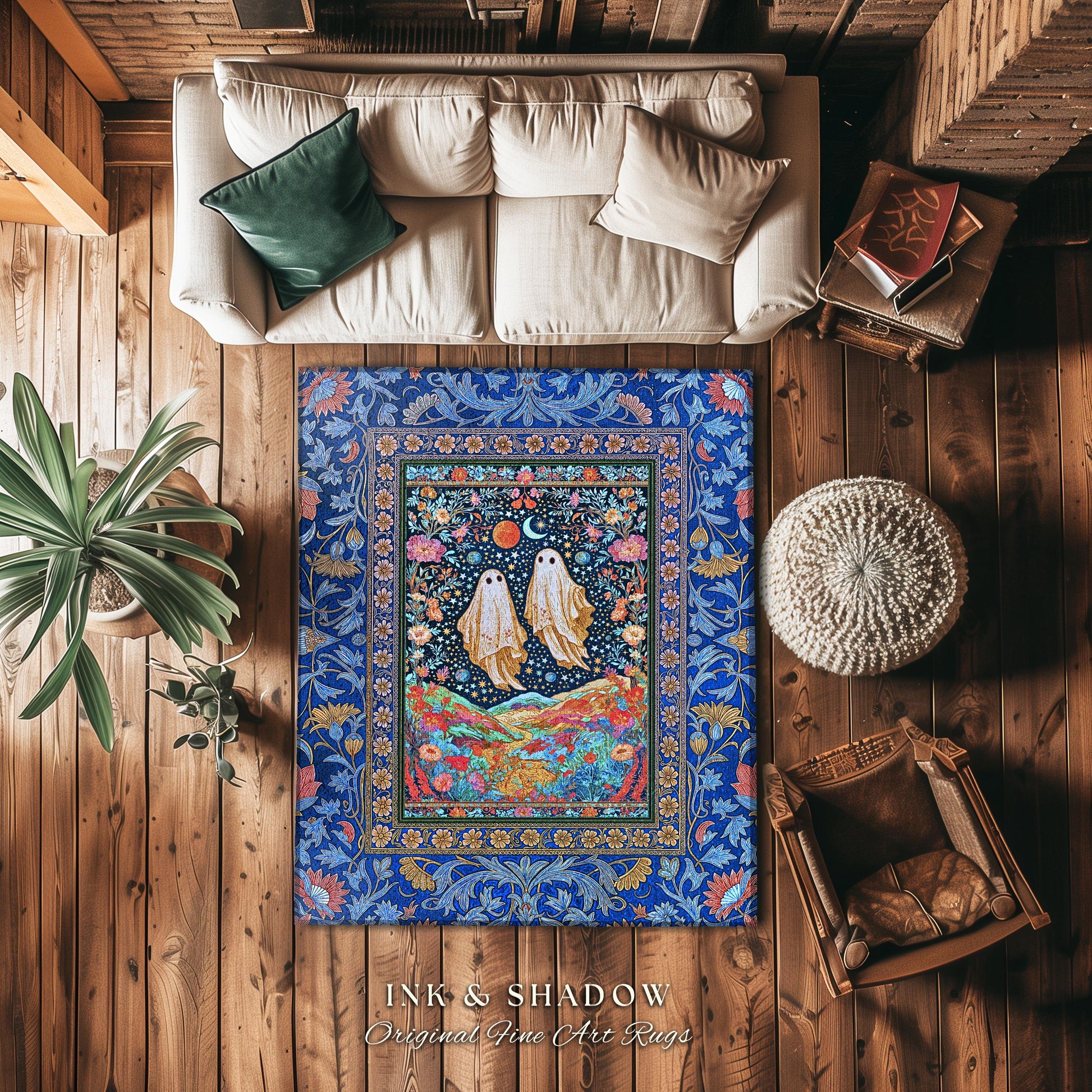 Star-Crossed Ghost Lovers Area Rug | Haunted Forest Cottagecore Bedroom Accent Celestial Halloween Whimsigoth Gothic Moody Botanical Decor