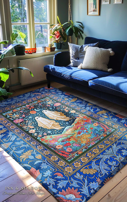 Star-Crossed Ghost Lovers Area Rug | Haunted Forest Cottagecore Bedroom Accent Celestial Halloween Whimsigoth Gothic Moody Botanical Decor